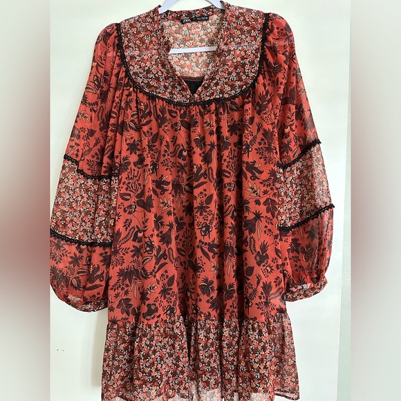 Zara Dresses & Skirts - Zara | Red Floral Long Sleeve V-Neck Midi Dress Women’s Size L